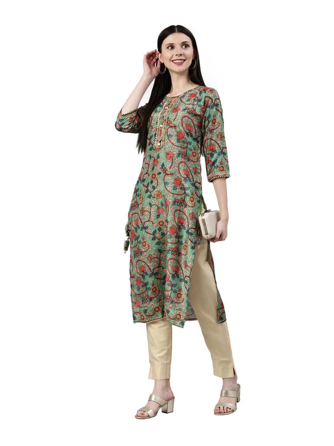 Neerus Women Green & Orange Floral Printed Kurta