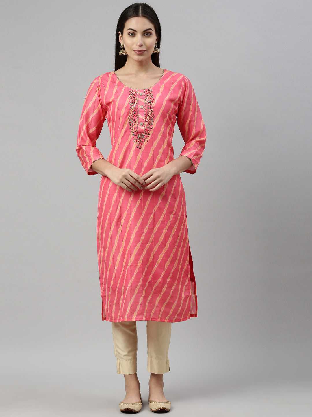 Neerus Women Pink Striped Flared Sleeves Mirror Work Kurta