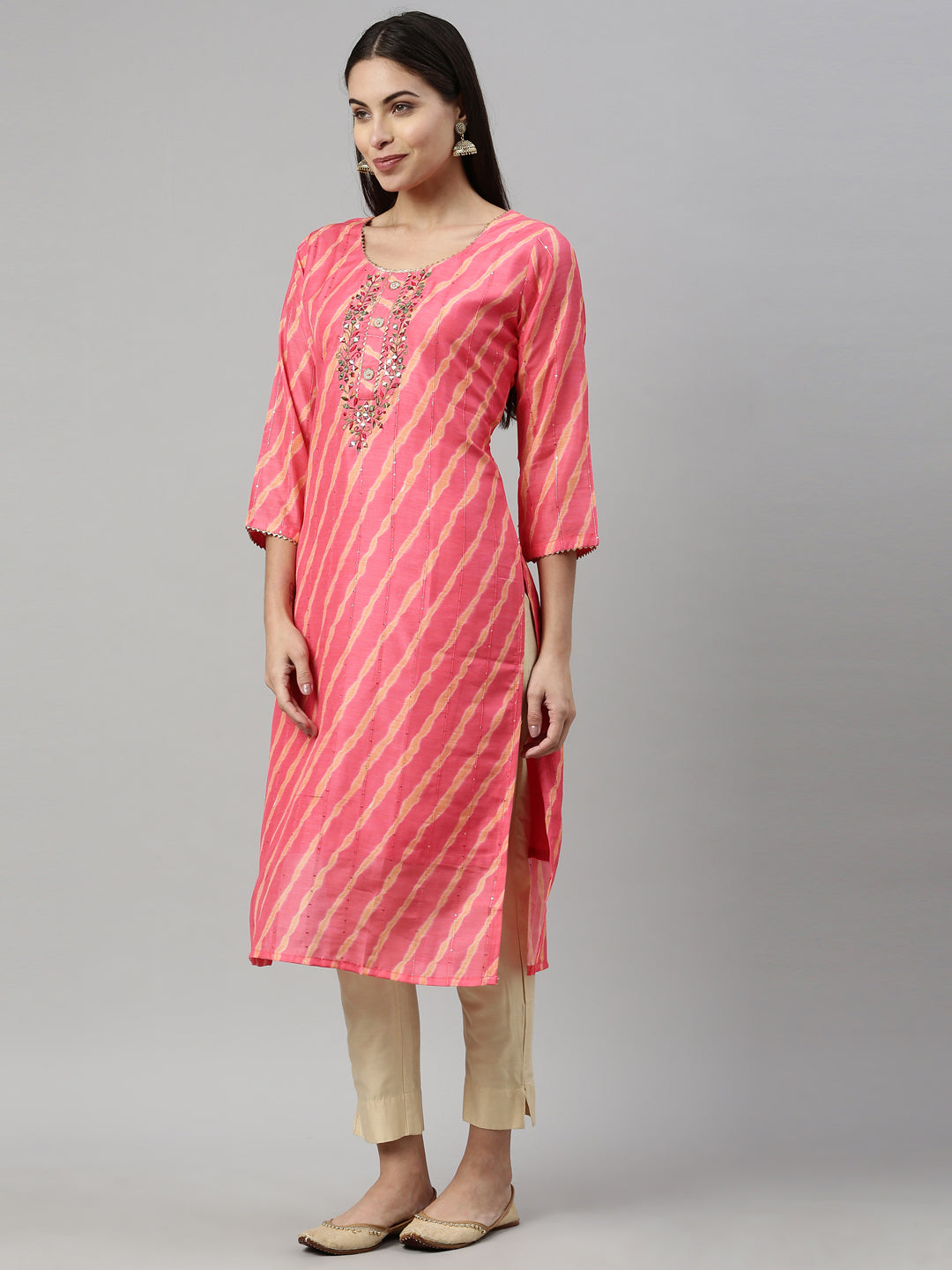 Neerus Women Pink Striped Flared Sleeves Mirror Work Kurta