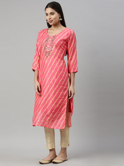 Neerus Women Pink Striped Flared Sleeves Mirror Work Kurta