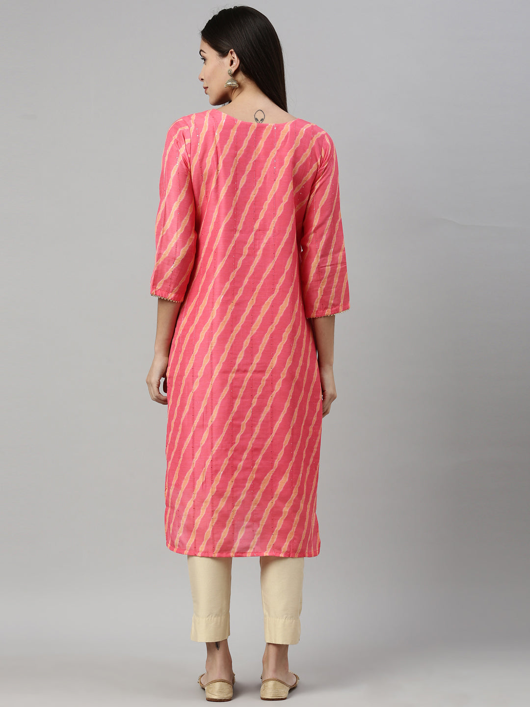 Neerus Pink muslin mirror work kurti with flared sleeves - side view