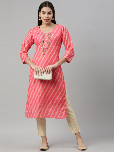 Neerus Women Pink Striped Flared Sleeves Mirror Work Kurta