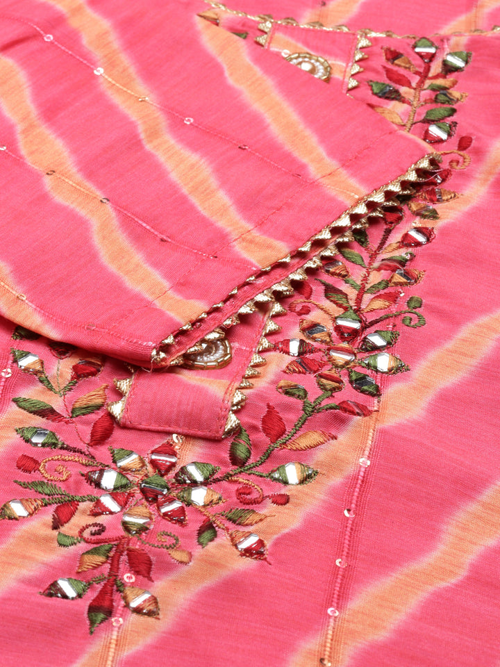 Neerus Pink muslin mirror work kurti with flared sleeves - detail view 1