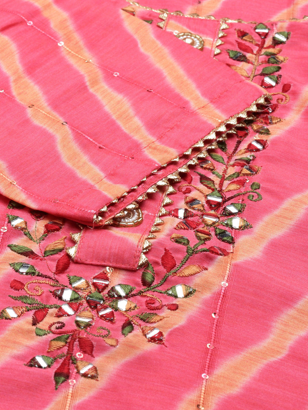 Neerus Women Pink Striped Flared Sleeves Mirror Work Kurta