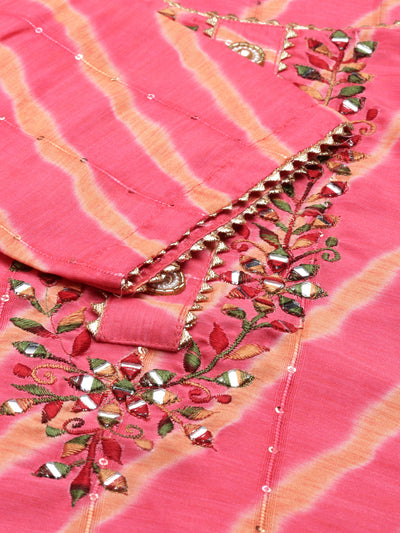 Neerus Women Pink Striped Flared Sleeves Mirror Work Kurta