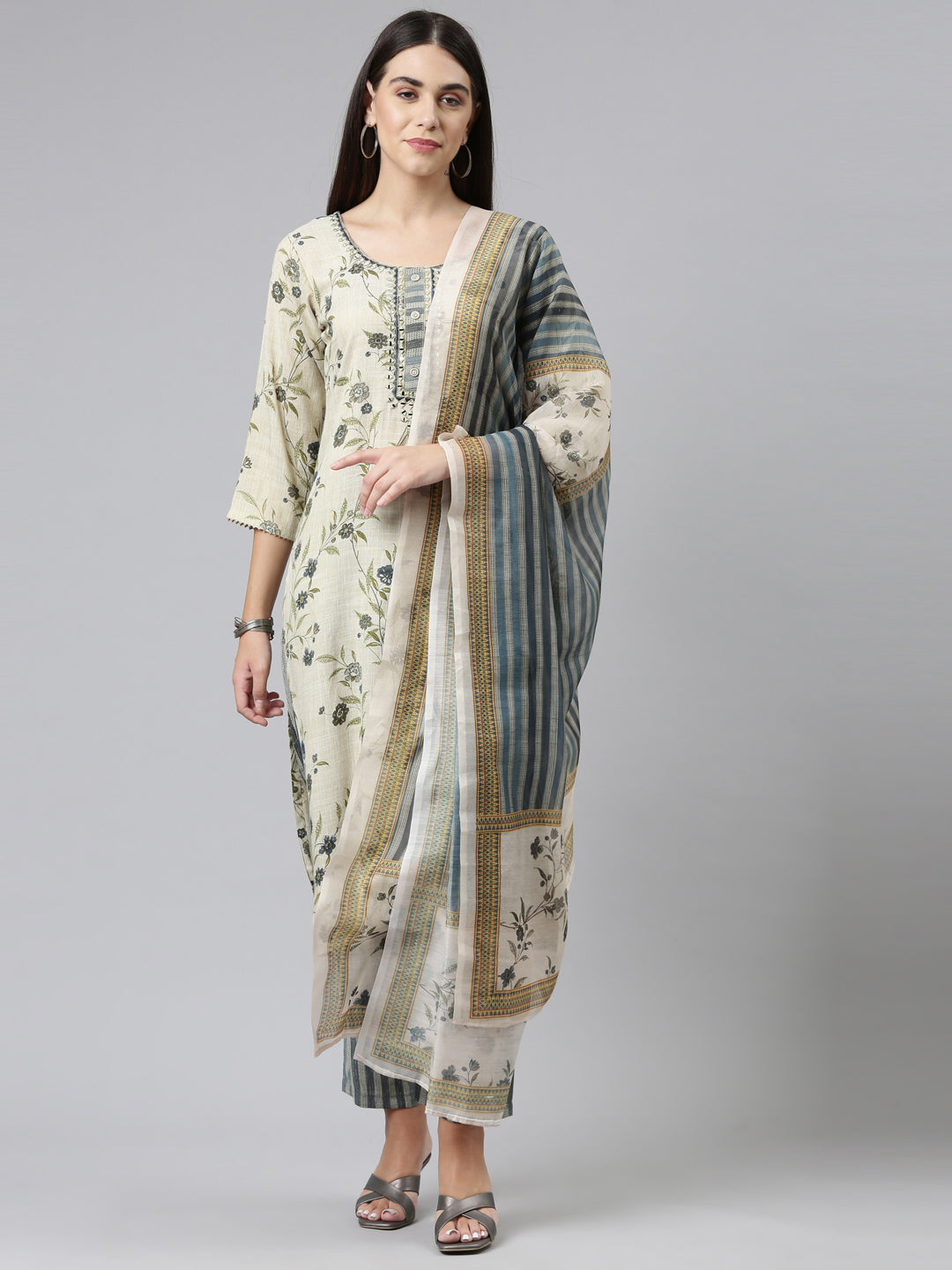 Neerus Blue printed floral kurta suit set - front view