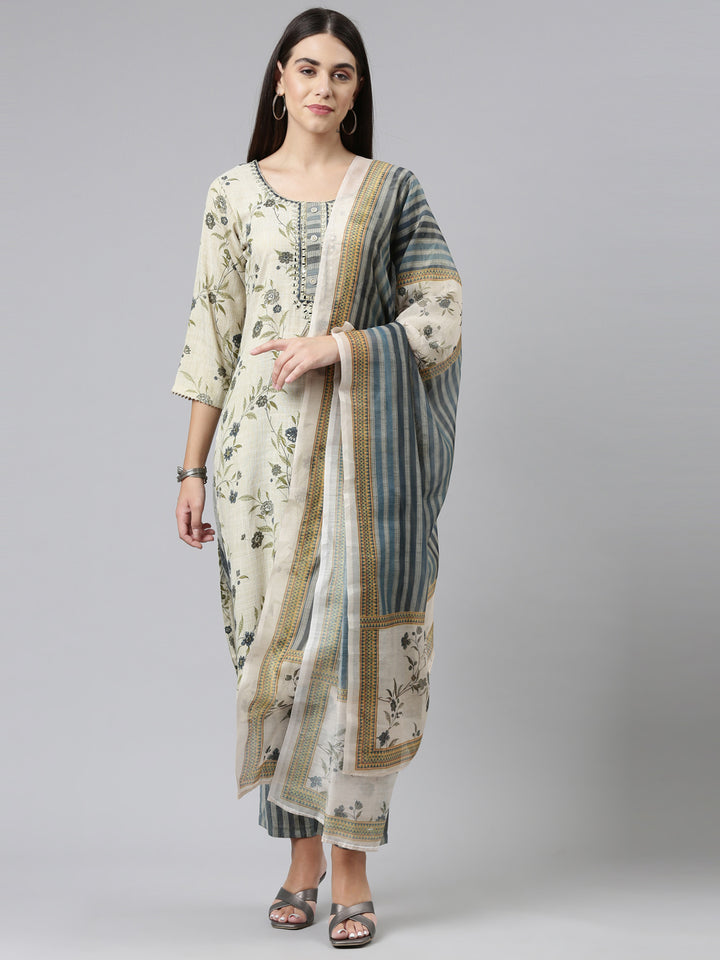 Neerus Blue printed floral kurta suit set - front view