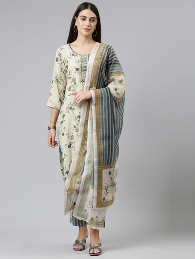 Neerus Women Blue Floral Printed Kurta with Trousers  With Dupatta