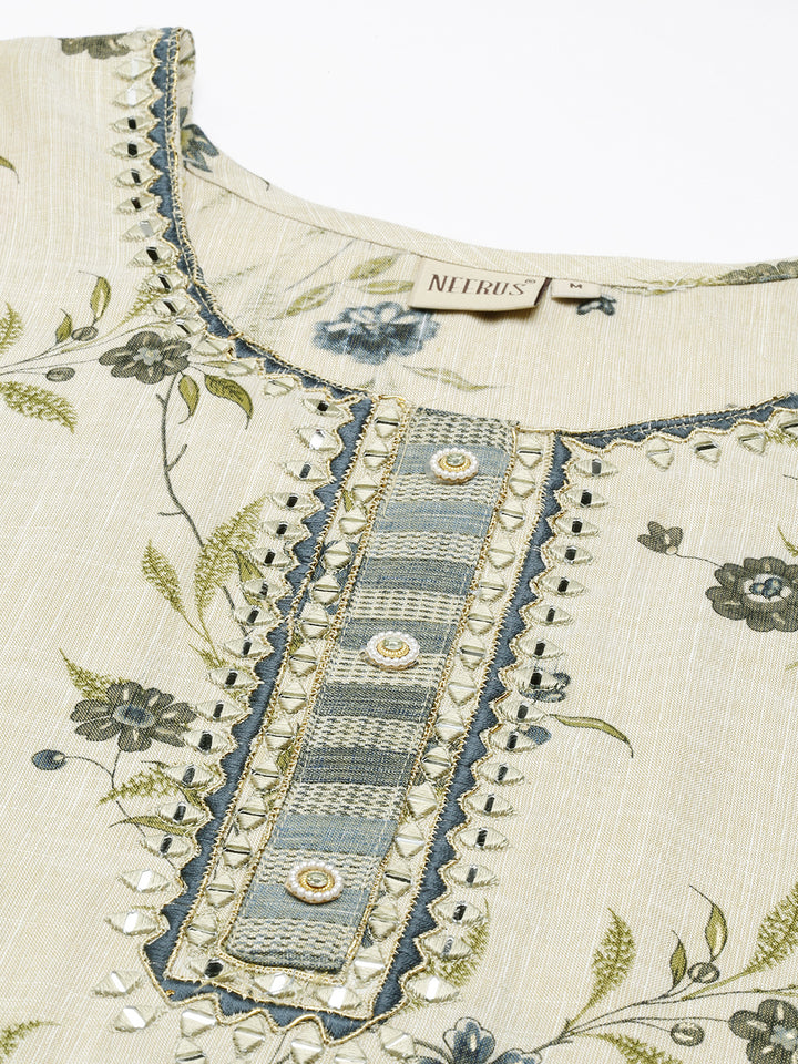 Neerus Blue printed floral kurta suit set - detail view 1