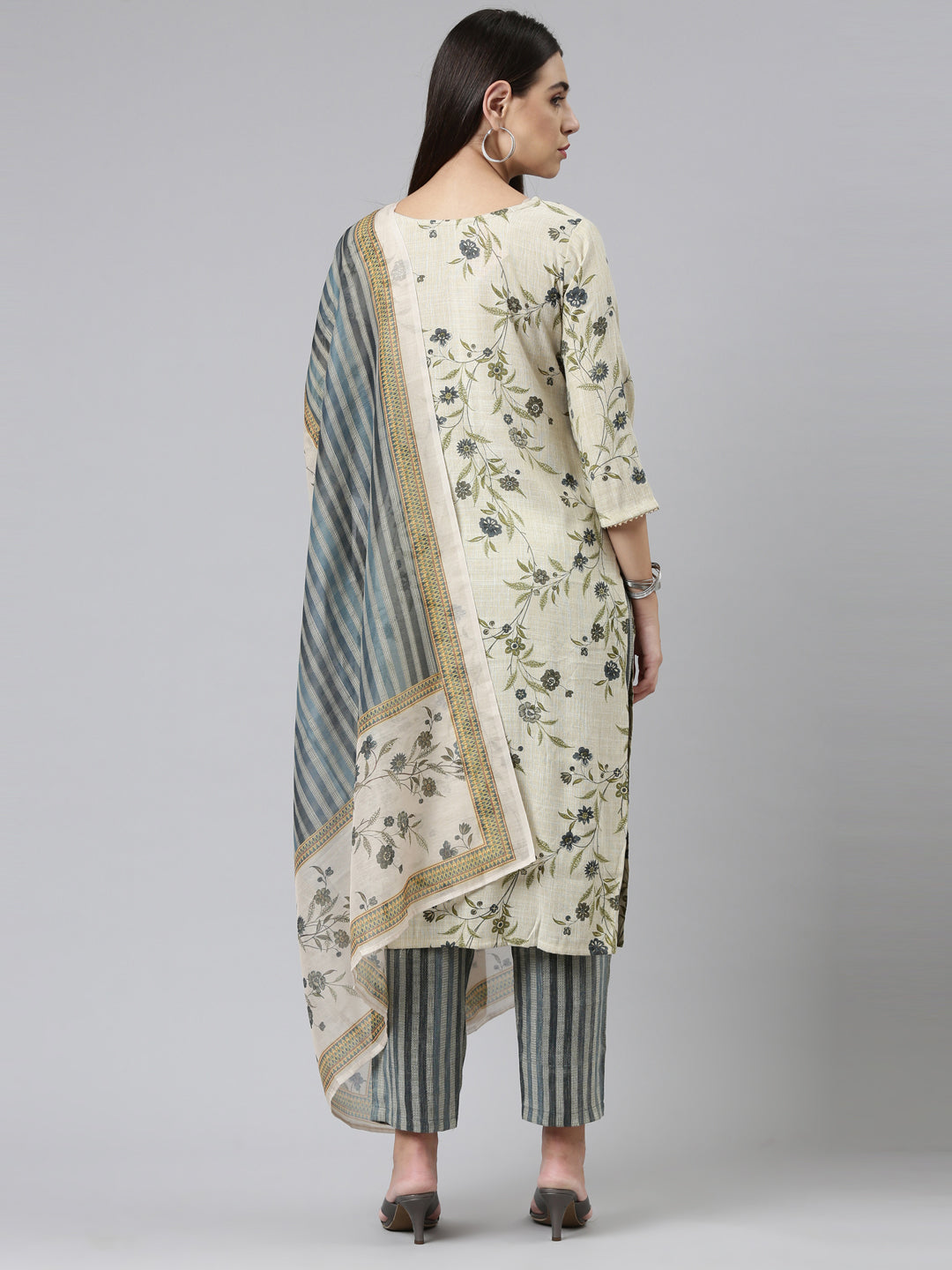 Neerus Blue printed floral kurta suit set - side view