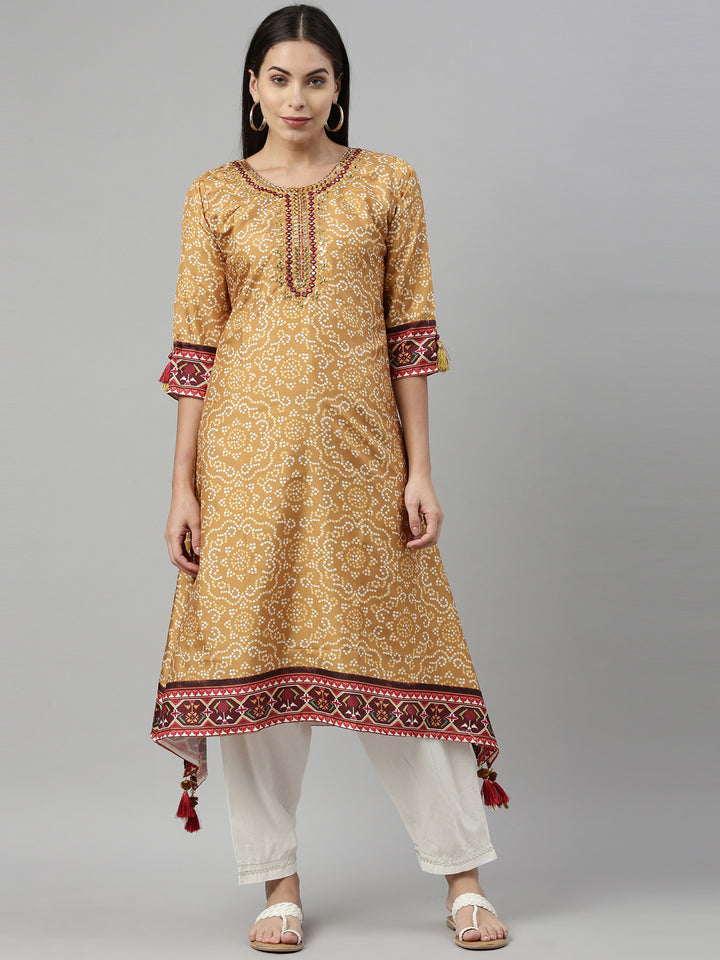 Neerus Women Mustard Yellow Ethnic Motifs Printed Keyhole Neck Mirror Work Kurta