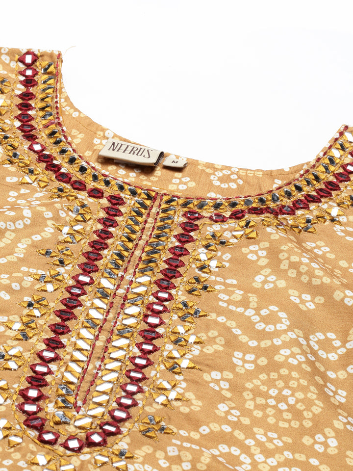 Neerus Women Mustard Yellow Ethnic Motifs Printed Keyhole Neck Mirror Work Kurta