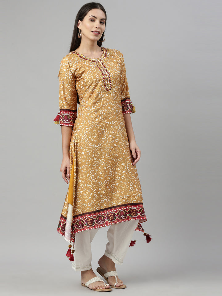 Neerus Women Mustard Yellow Ethnic Motifs Printed Keyhole Neck Mirror Work Kurta