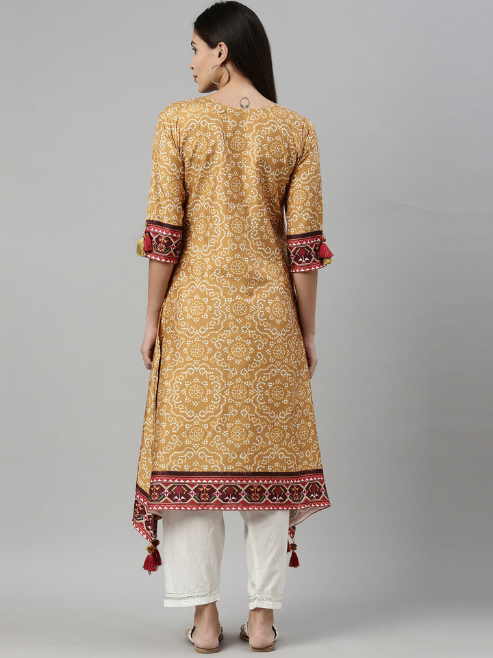 Neerus Women Mustard Yellow Ethnic Motifs Printed Keyhole Neck Mirror Work Kurta