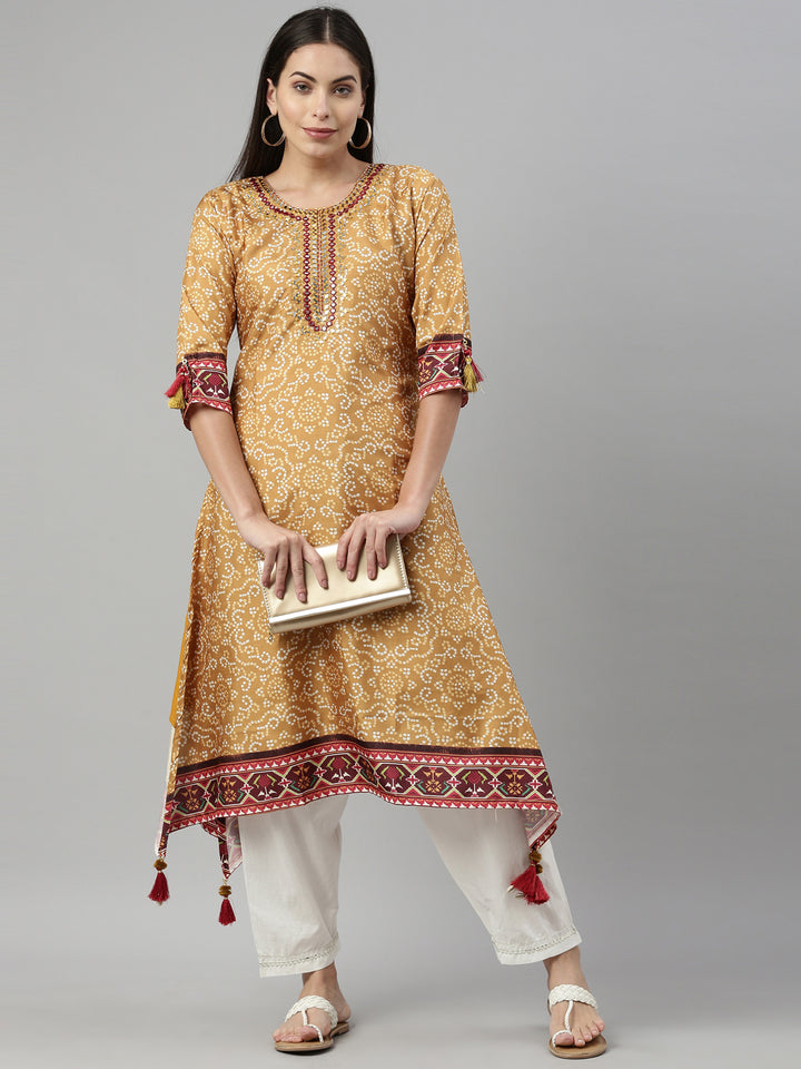 Neerus Women Mustard Yellow Ethnic Motifs Printed Keyhole Neck Mirror Work Kurta