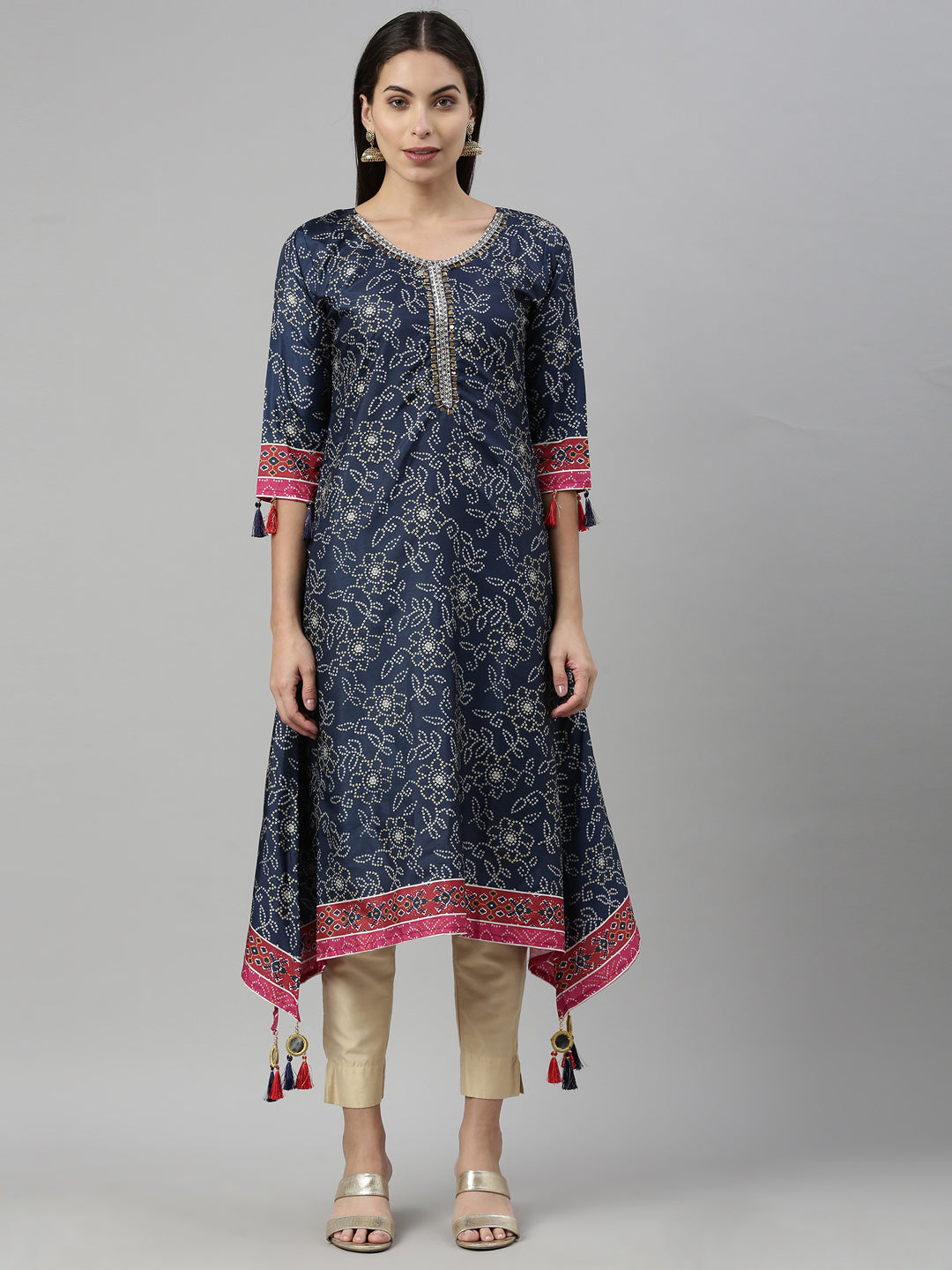 Neerus Blue rayon printed kurti - front view