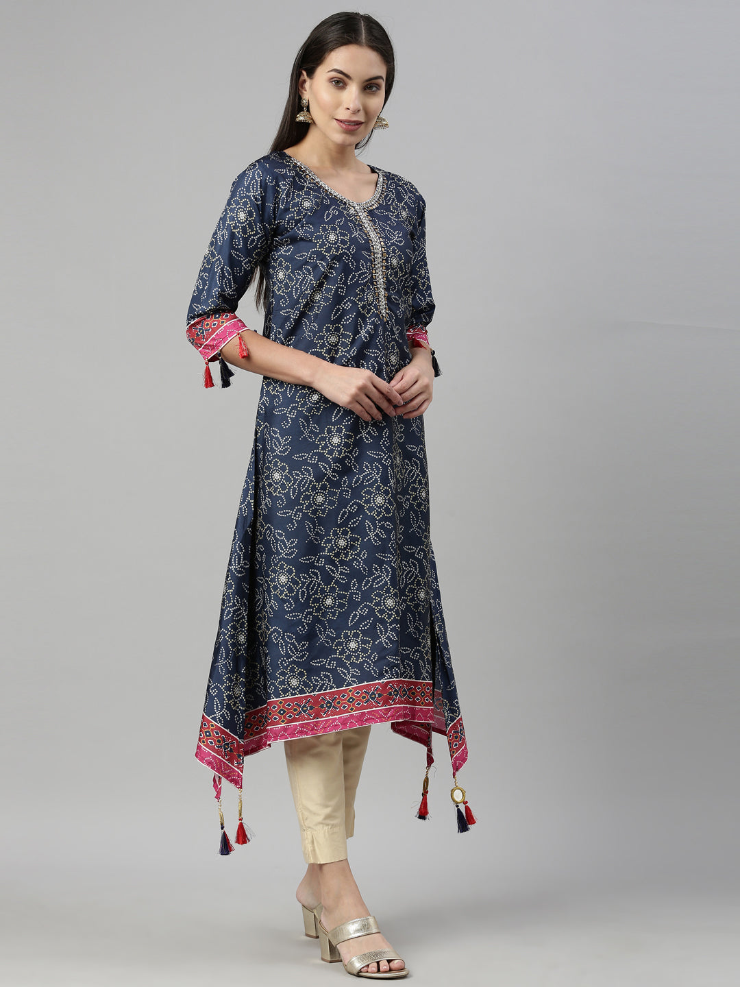 Neerus Blue rayon printed kurti - back view