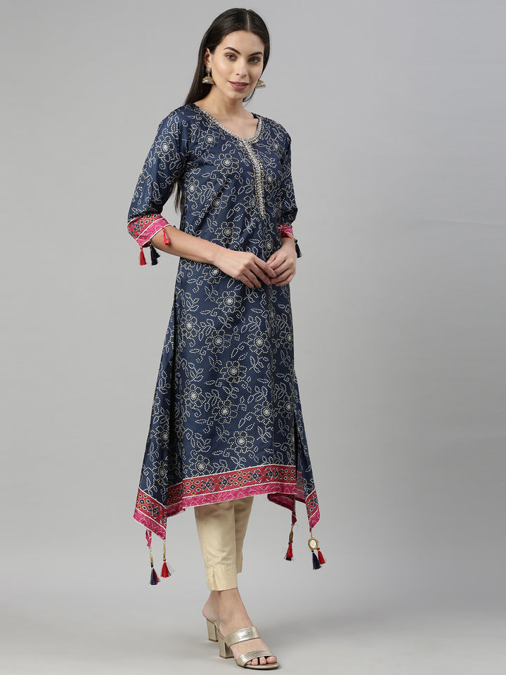 Neerus Blue rayon printed kurti - back view