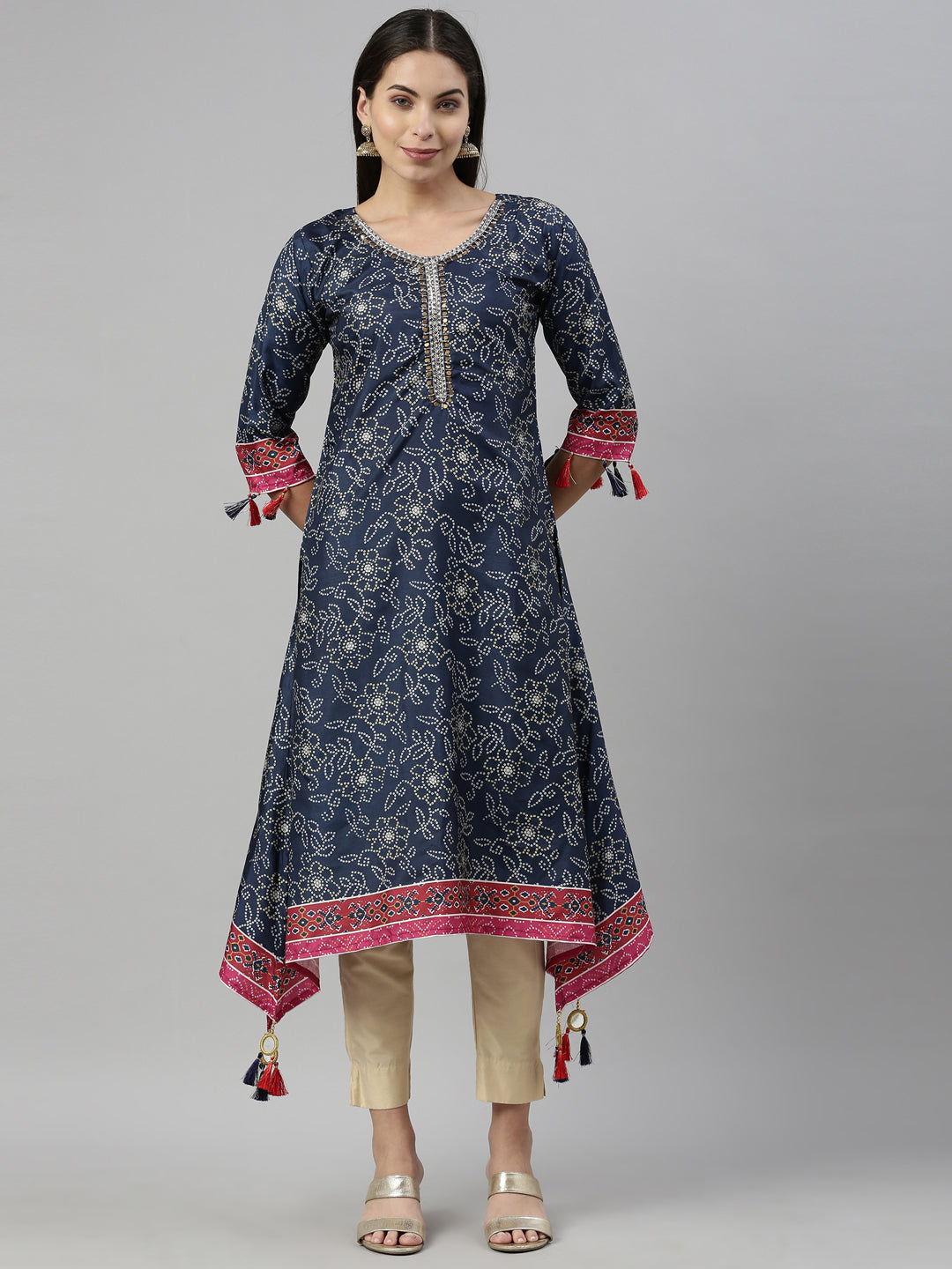 Neerus Blue rayon printed kurti - detail view 2