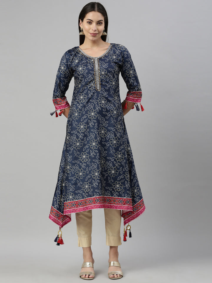 Neerus Blue rayon printed kurti - detail view 2