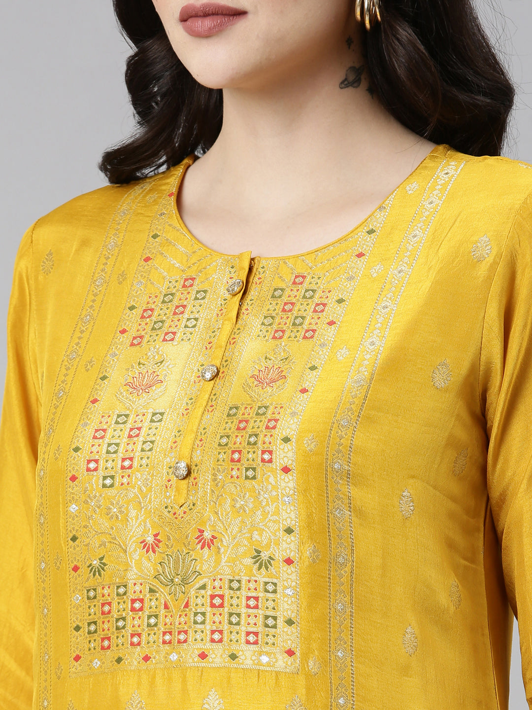 Neerus Mustard Regular Straight Printed Kurta And Trousers With Dupatta