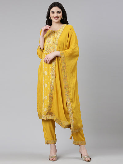 Neerus Mustard Regular Straight Printed Kurta And Trousers With Dupatta