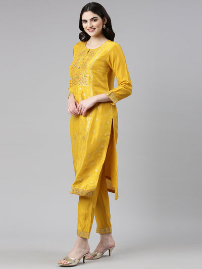 Neerus Mustard Regular Straight Printed Kurta And Trousers With Dupatta