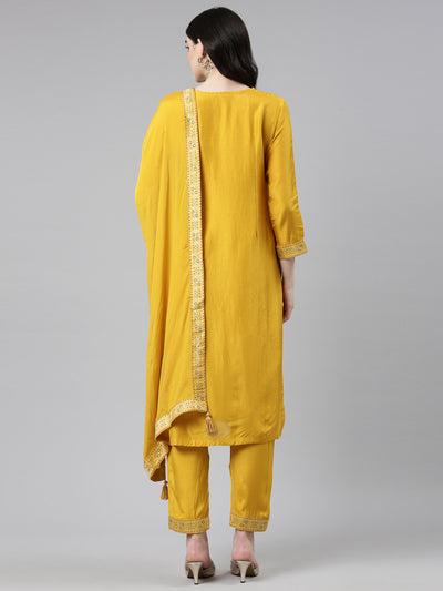 Neerus Mustard Regular Straight Printed Kurta And Trousers With Dupatta