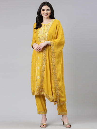 Neerus Mustard Regular Straight Printed Kurta And Trousers With Dupatta