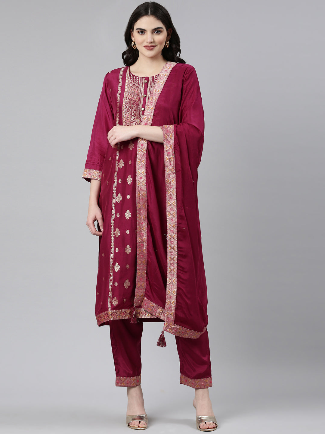 Neerus Maroon printed straight kurta set - front view