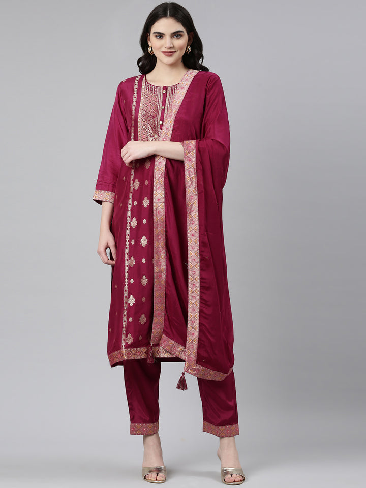 Neerus Maroon printed straight kurta set - front view