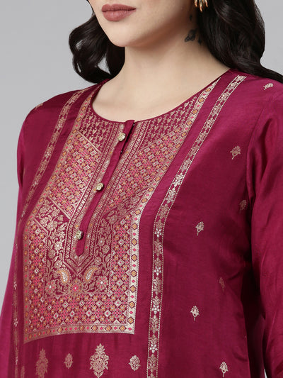 Neerus Maroon Regular Straight Printed Kurta And Trousers With Dupatta