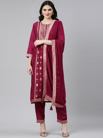 Neerus Maroon Regular Straight Printed Kurta And Trousers With Dupatta