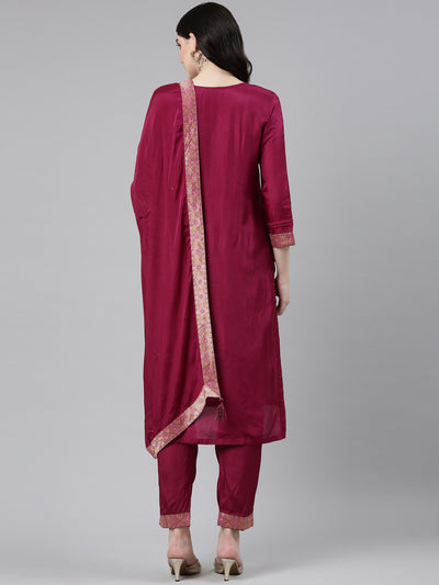 Neerus Maroon Regular Straight Printed Kurta And Trousers With Dupatta