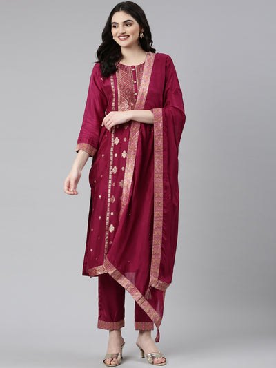 Neerus Maroon Regular Straight Printed Kurta And Trousers With Dupatta