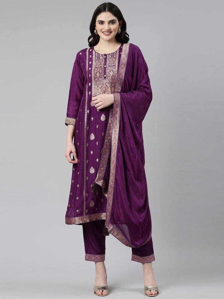 Neerus Purple Regular Straight Printed Kurta And Trousers With Dupatta