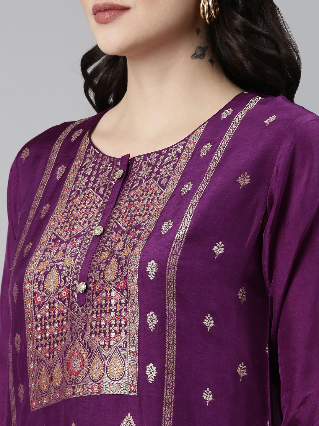 Neerus Purple Regular Straight Printed Kurta And Trousers With Dupatta