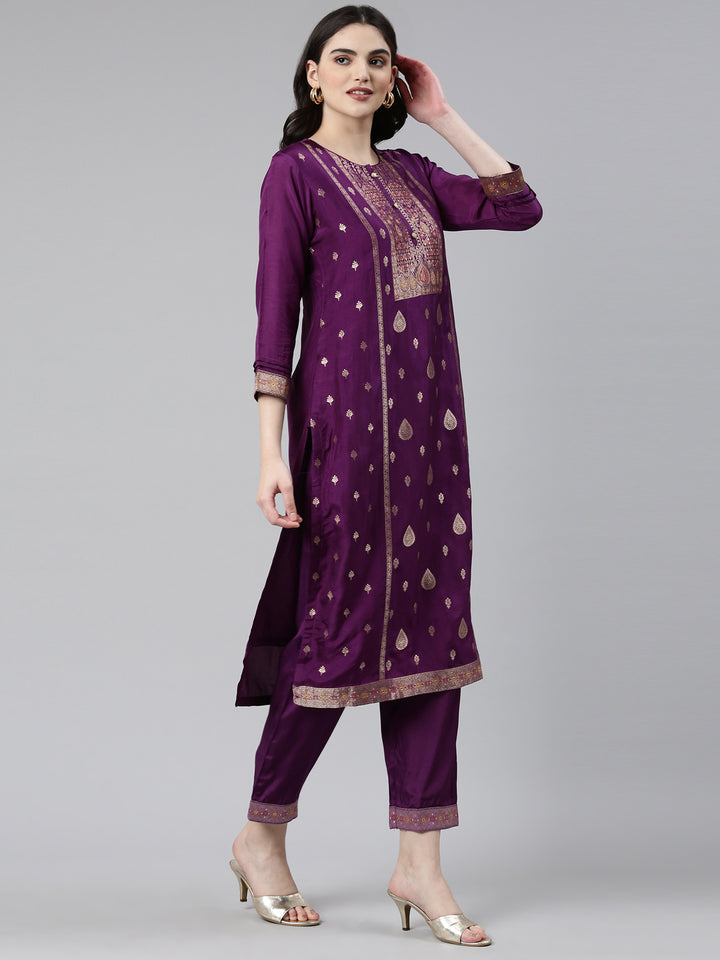 Neerus Purple Regular Straight Printed Kurta And Trousers With Dupatta