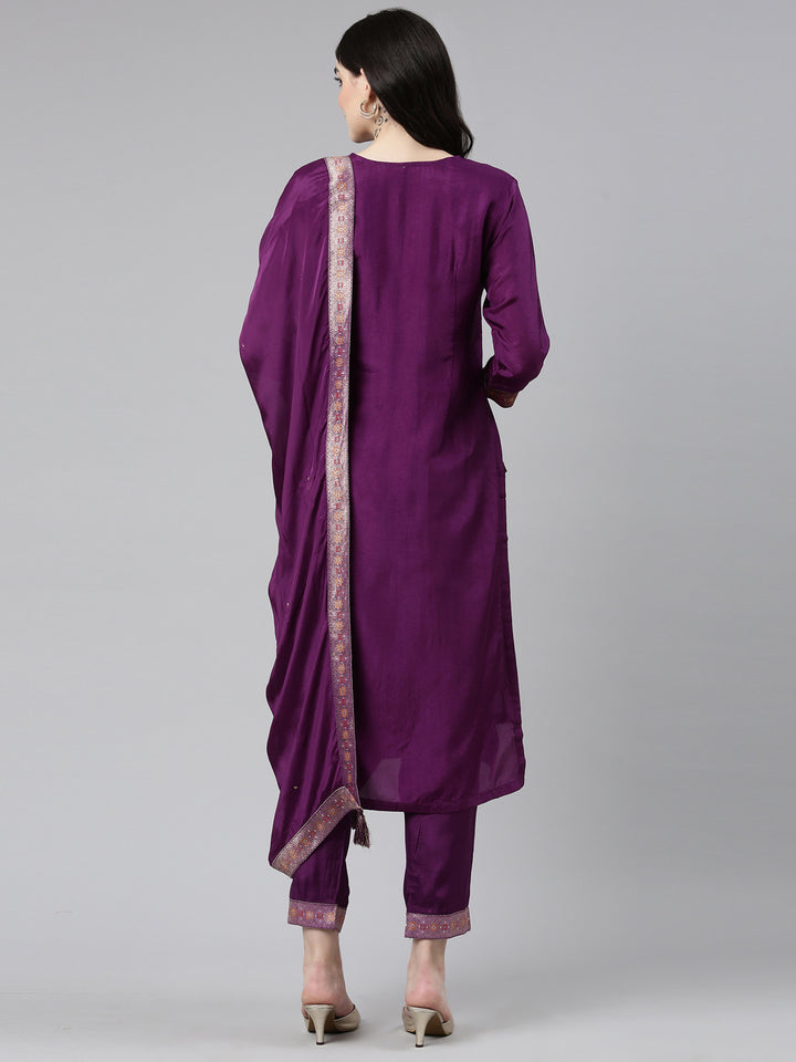 Neerus Purple Regular Straight Printed Kurta And Trousers With Dupatta