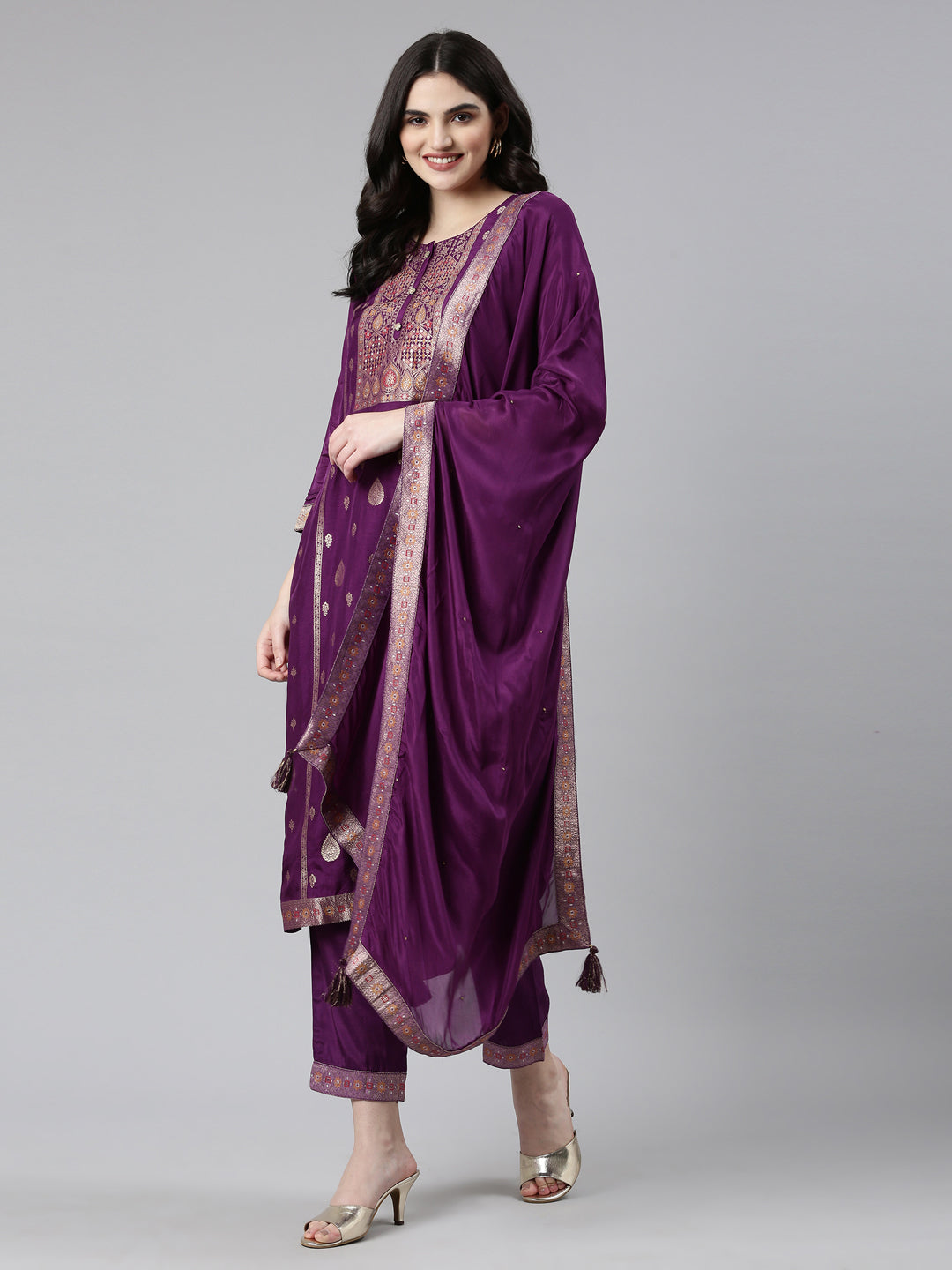 Neerus Purple Regular Straight Printed Kurta And Trousers With Dupatta