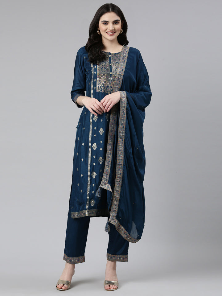 Neerus Green printed straight kurta set with dupatta - front view