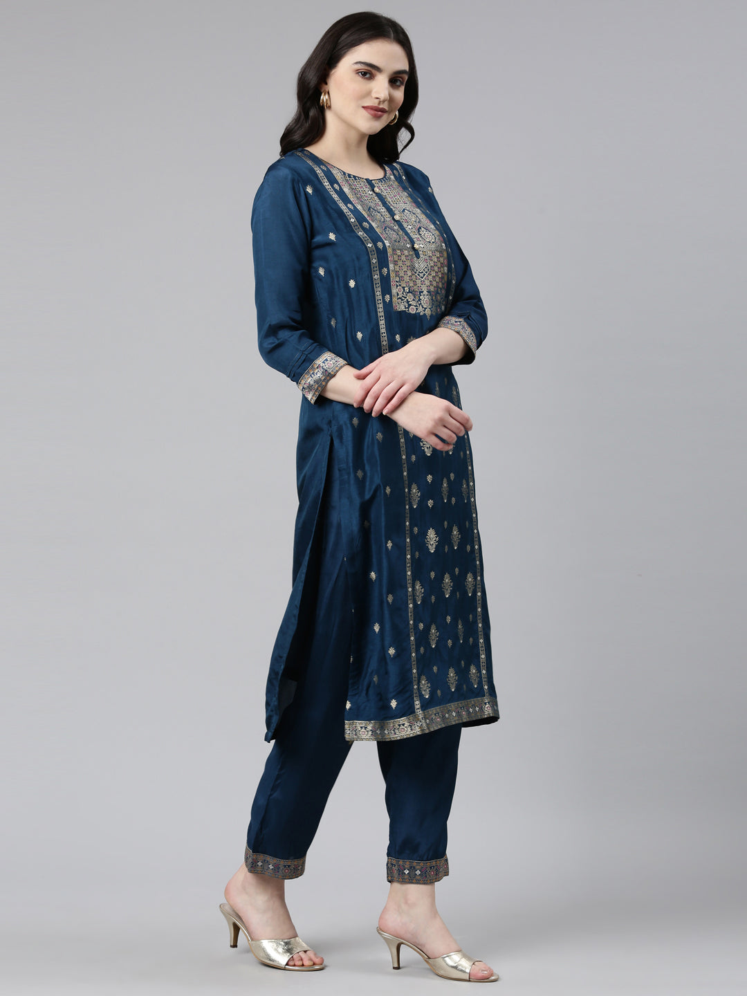 Neerus Green printed straight kurta set with dupatta - back view