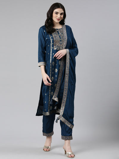 Neerus Green Regular Straight Printed Kurta And Trousers With Dupatta