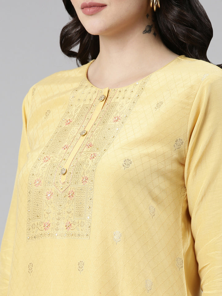 Neerus Yellow Regular Straight Printed Kurta And Trousers With Dupatta