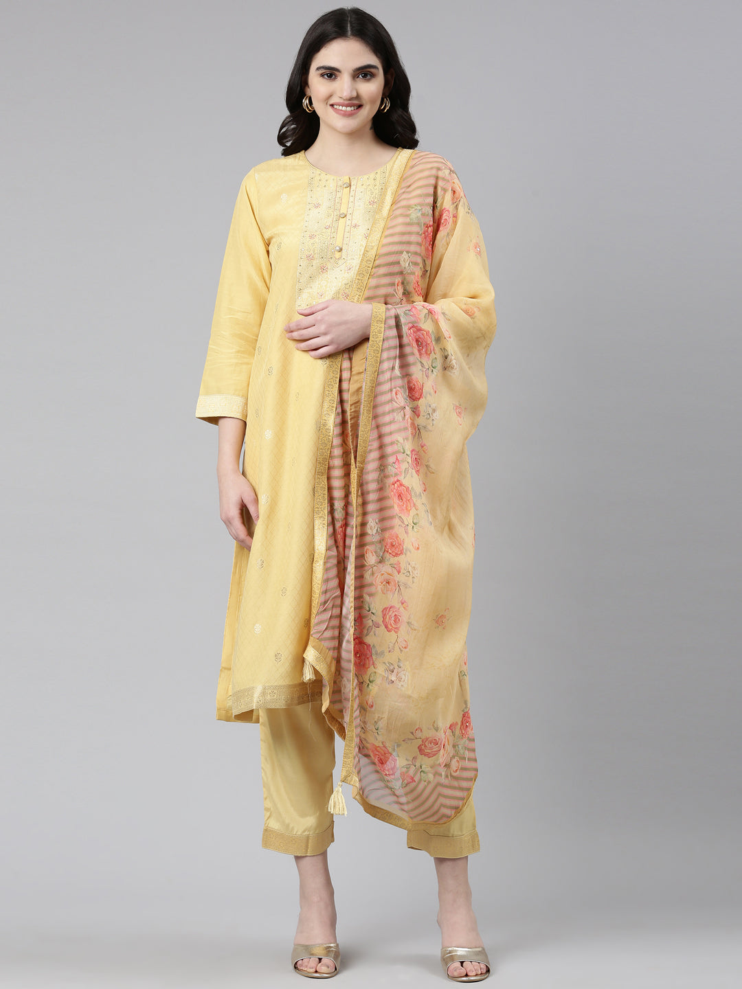 Neerus Yellow Regular Straight Printed Kurta And Trousers With Dupatta
