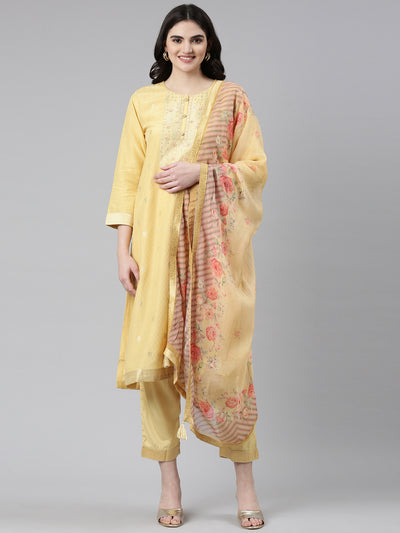 Neerus Yellow Regular Straight Printed Kurta And Trousers With Dupatta