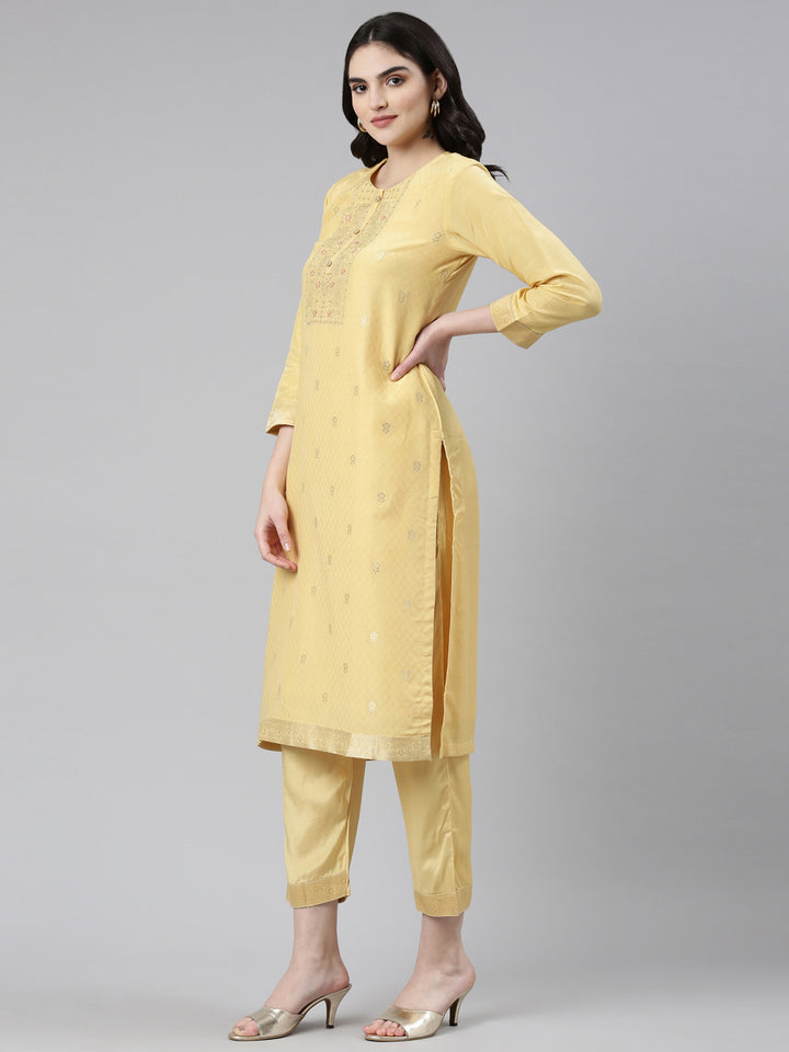 Neerus Yellow Regular Straight Printed Kurta And Trousers With Dupatta