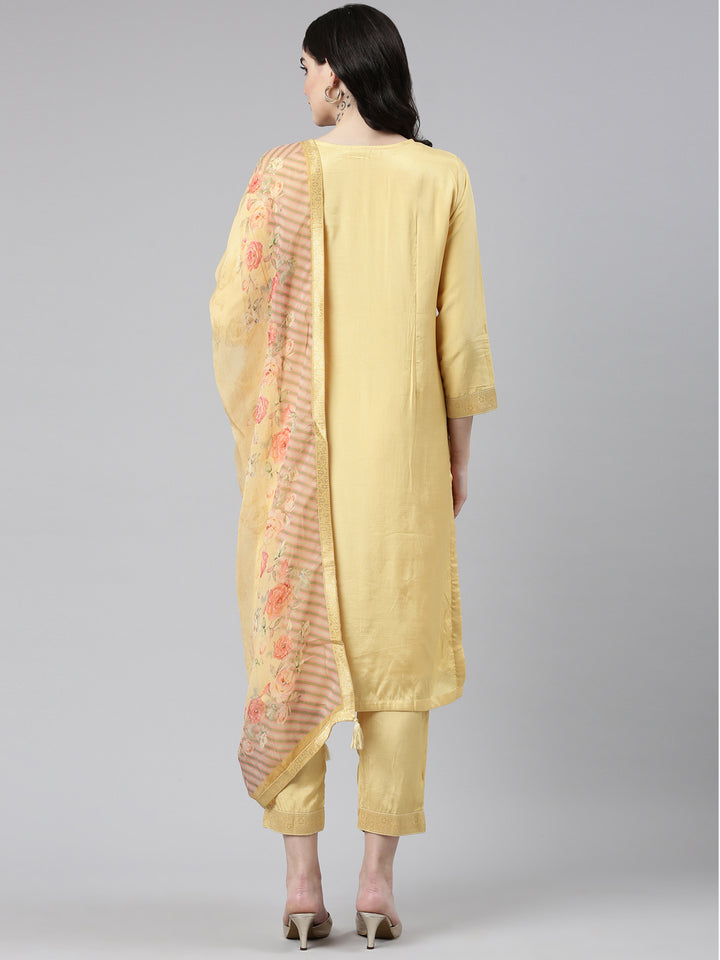 Neerus Yellow Regular Straight Printed Kurta And Trousers With Dupatta