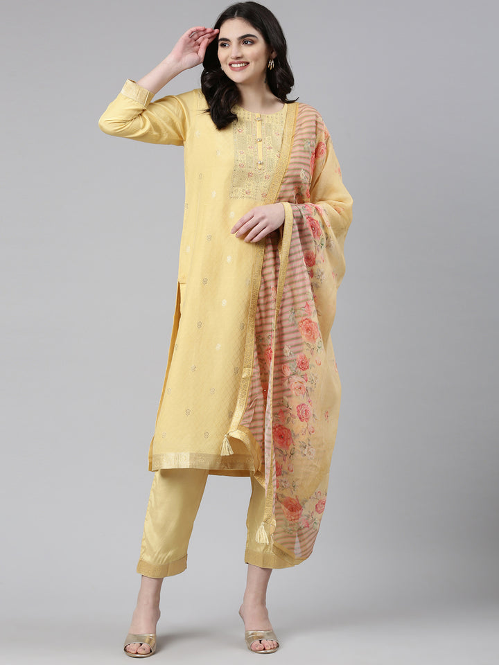 Neerus Yellow Regular Straight Printed Kurta And Trousers With Dupatta