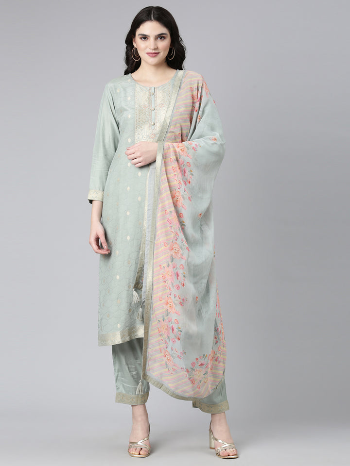 Neerus Grey printed straight kurta set with dupatta - front view